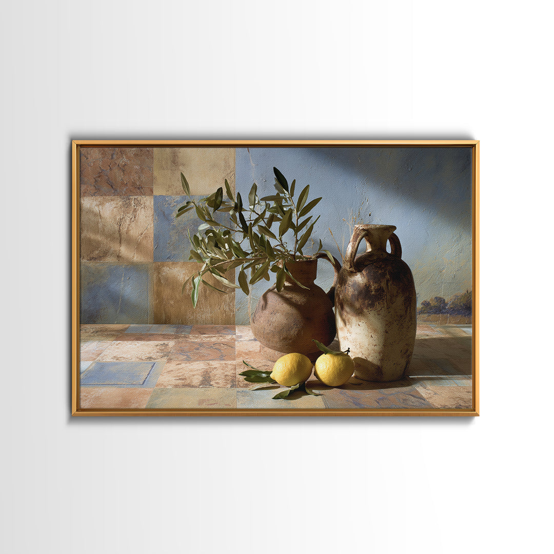 Olive Branch and Lemons on Terracotta Ground Canvas Print, Mediterranean Art, Horizontal Wall Art, Living Room Decor, Azure, MAR-3x2-54