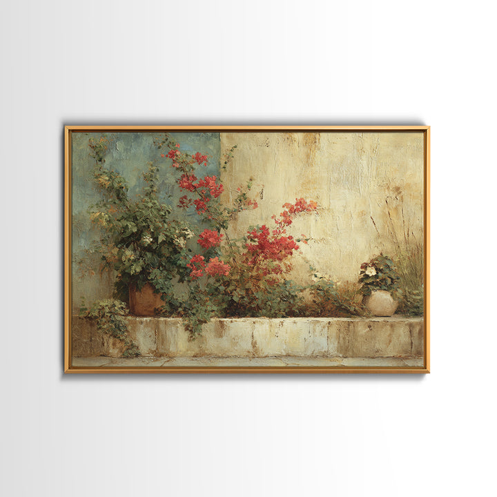 Bougainvillea Cascading over Stone Wall Canvas Print, Mediterranean Art, Watercolor Painting, Living Room Decor, Azure, MAR-3x2-57