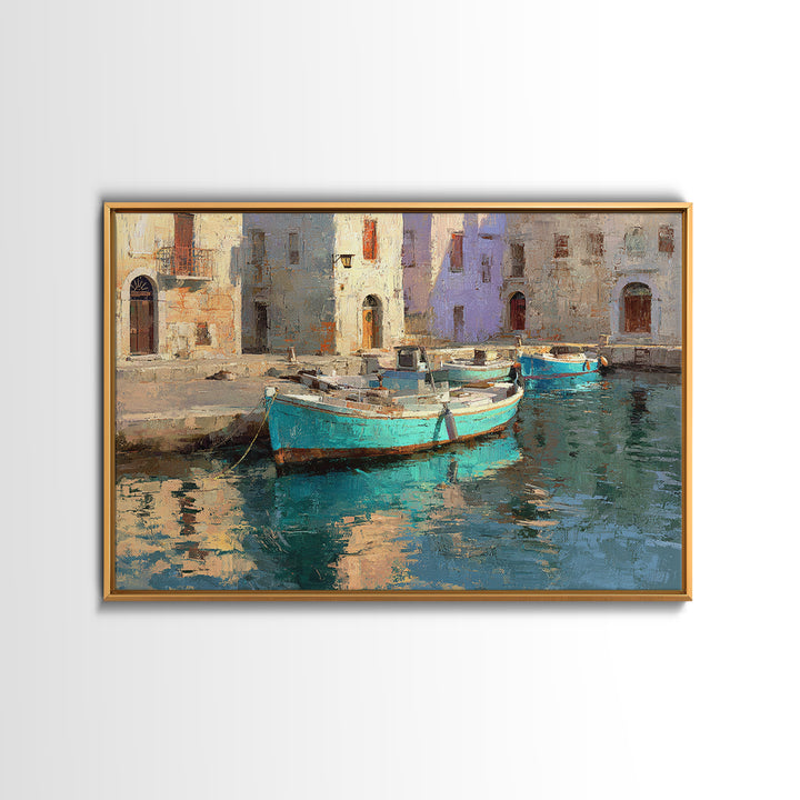Coastal Fishing Boats Framed Canvas Print, Mediterranean Art, Beach Prints, Living Room Decor, Oil Painting, Azure, Art Print, MAR-3x2-59