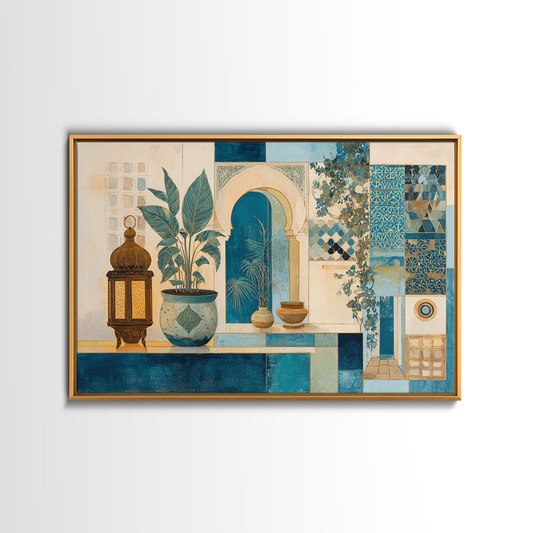Moroccan Influenced Lantern Canvas Print, Mediterranean Art, Modern Wall Art, Living Room Decor, Oil Painting, Azure, MAR-3x2-61