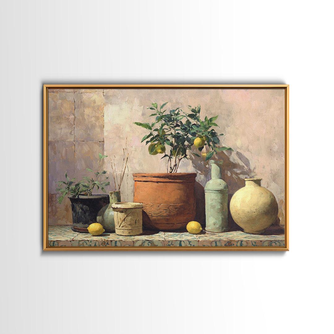 Citrus Tree in Clay Pot Canvas Print, Mediterranean Art, Digital Print, Living Room Decor, Fine Art, Azure, Coastal Decor, MAR-3x2-62