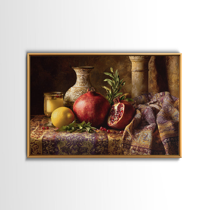 Pomegranate Still Life Framed Canvas Print, Mediterranean Art, Digital Print, Living Room Decor, Watercolor Art, Azure, MAR-3x2-71