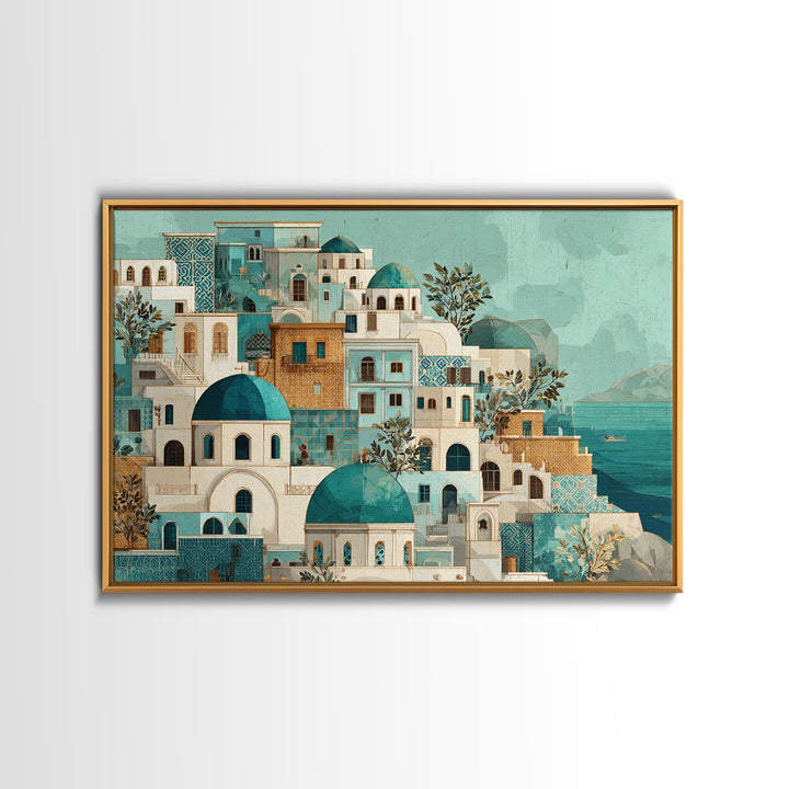 Greek Island White Buildings Above Blue Sea Framed Canvas Print, Mediterranean Art, Coastal Art, Living Room Decor, Azure, MAR-3x2-77