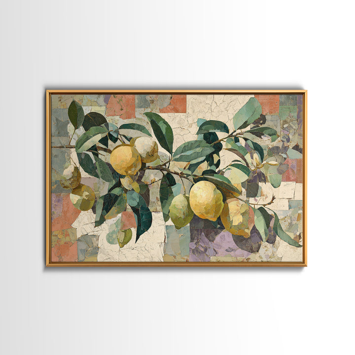 Olive Branch and Lemons on Terracotta Ground Canvas Print, Mediterranean Art, Coastal Wall Art, Living Room Decor, Azure, MAR-3x2-78