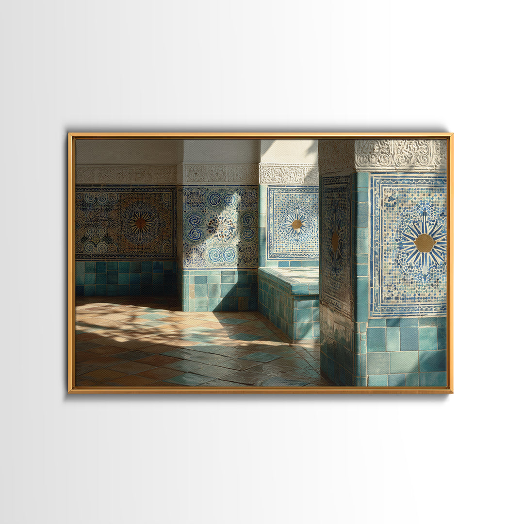Blue and White Tile Pattern Framed Canvas Print, Mediterranean Art, Original Painting, Living Room Decor, Oil Painting, Azure, MAR-3x2-8