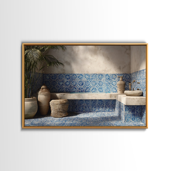 Blue and White Tile Pattern Framed Canvas Print, Mediterranean Art, Landscape Wall Art, Living Room Decor, Watercolor Art, MAR-3x2-80