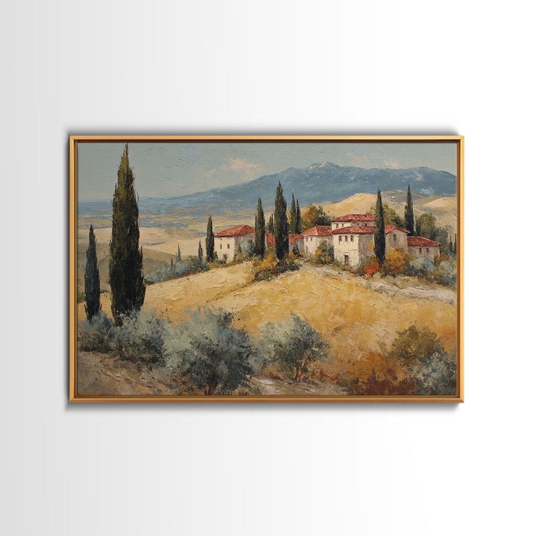 Tuscan Cypress Trees and Golden Hillside Canvas Print, Mediterranean Art, Digital Art Prints, Living Room Decor, Azure, MAR-3x2-82