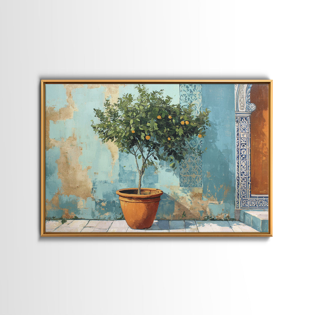 Citrus Tree in Clay Pot Framed Canvas Print, Mediterranean Art, Watercolor Painting, Living Room Decor, Fine Art, Azure, MAR-3x2-86