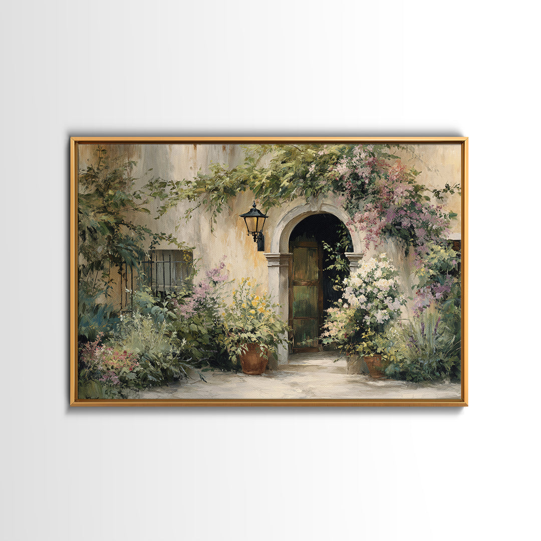 Sunlit Courtyard Doorway Framed Canvas Print, Mediterranean Art, Landscape Painting, Living Room Decor, Fine Art, Azure, MAR-3x2-87