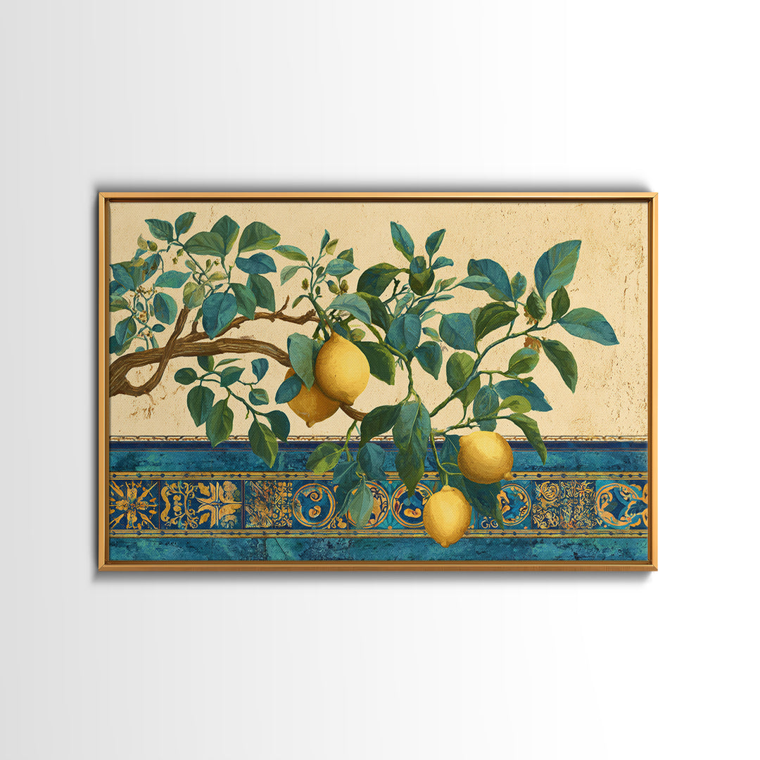 Sicilian Lemon Branch on Ivory Background Canvas Print, Mediterranean Art, Minimalist Wall Art, Living Room Decor, Azure, MAR-3x2-89