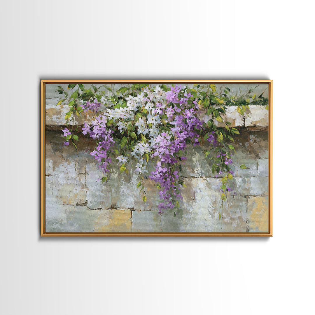 Bougainvillea Cascading over Stone Wall Framed Canvas Print, Mediterranean Art, Digital Print, Living Room Decor, Azure, MAR-3x2-9