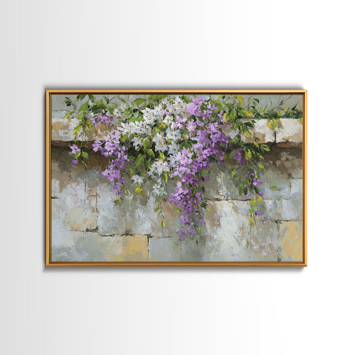 Bougainvillea Cascading over Stone Wall Framed Canvas Print, Mediterranean Art, Digital Print, Living Room Decor, Azure, MAR-3x2-9