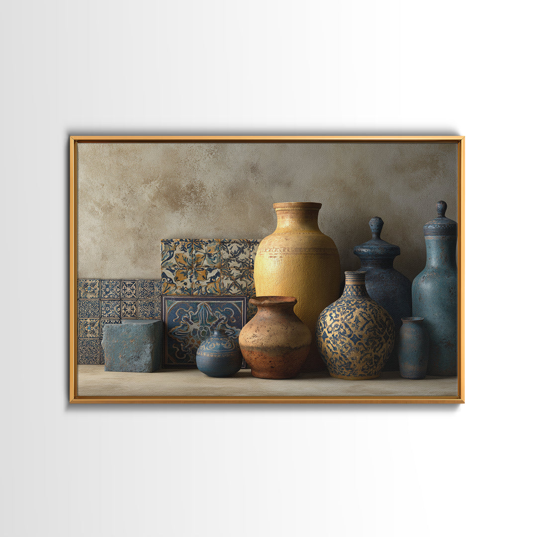 Spanish Tile Ornament Framed Canvas Print, Mediterranean Art, Coastal Wall Decor, Living Room Decor, Fine Art, Azure, MAR-3x2-92