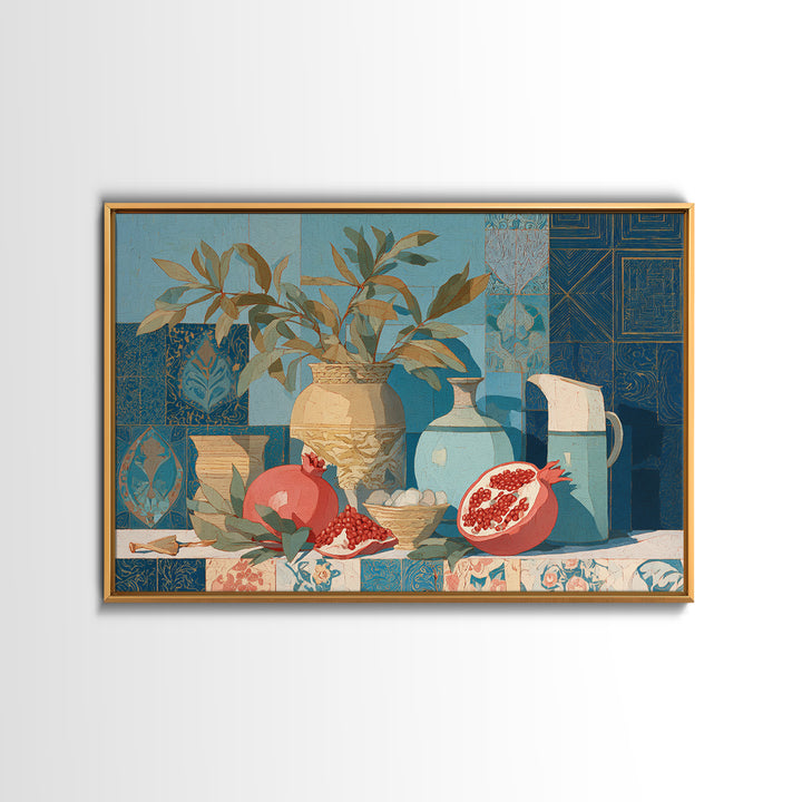Pomegranate Still Life Framed Canvas Print, Mediterranean Art, Travel Poster, Living Room Decor, Fine Art, Azure, MAR-3x2-95