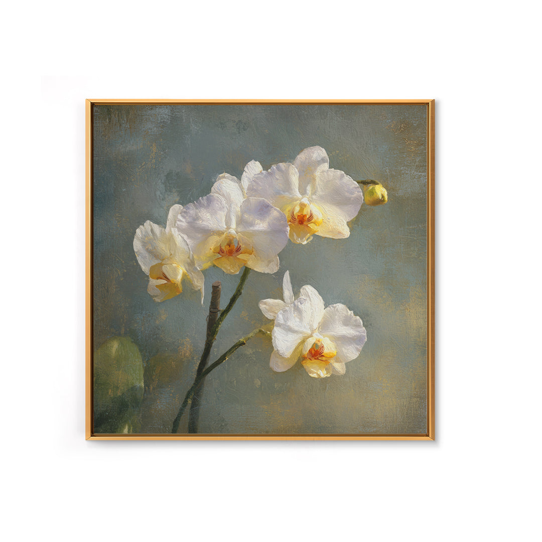 White Orchids Against Warm Gray Background Framed Canvas Print, Master Bedroom, Bedroom Decor, Abstract Art, Sanctuary, MAS-1x1-33