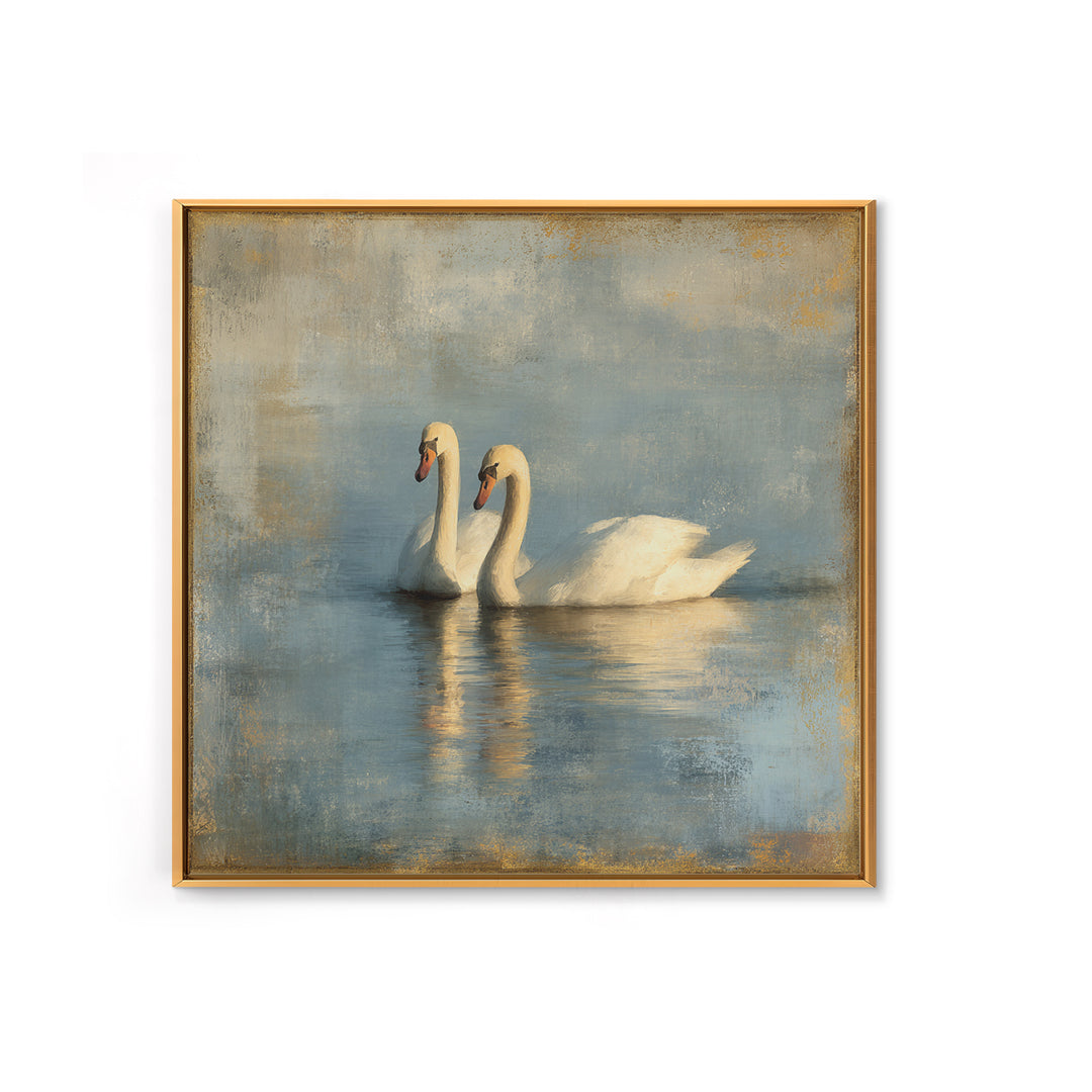 Romantic Swan Pair on Dark Water Framed Canvas Print, Master Bedroom, Living Room Prints, Bedroom Decor, Fine Art, Sanctuary, MAS-1x1-39