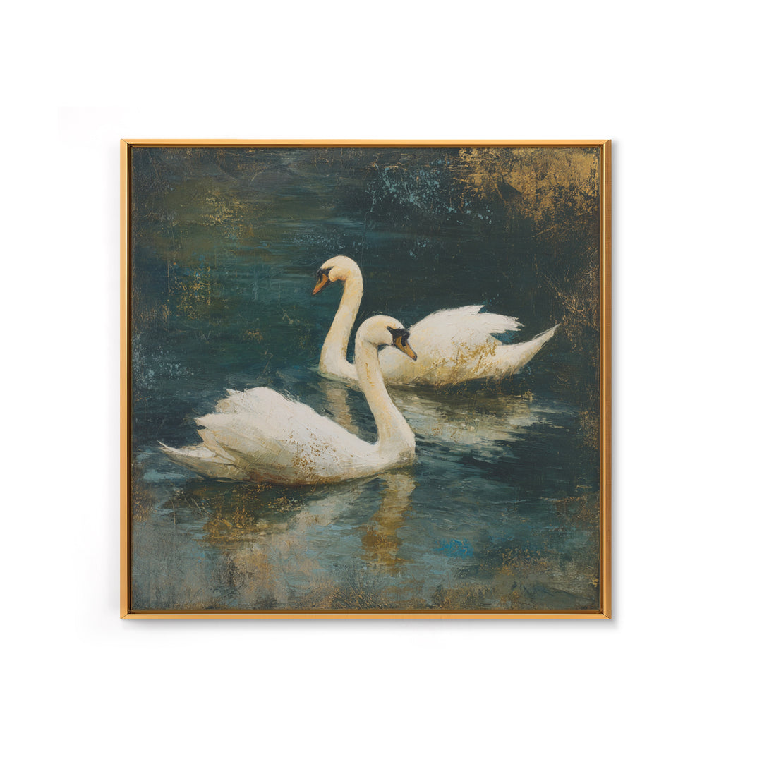 Romantic Swan Pair on Dark Water Framed Canvas Print, Master Bedroom, Neutral Decor, Bedroom Decor, Fine Art, Sanctuary, MAS-1x1-63