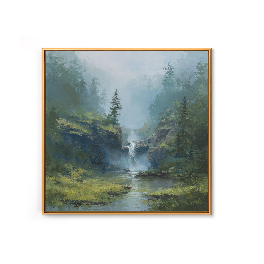 Peaceful Waterfall in Misty Green Forest Framed Canvas Print, Master Bedroom, Modern Decor, Bedroom Decor, Fine Art, Sanctuary, MAS-1x1-67
