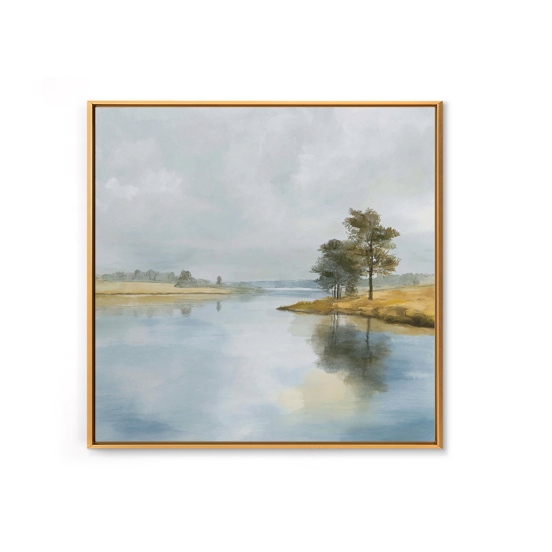 Serene Lake with Pale Morning Reflection Framed Canvas Print, Master Bedroom, Bedroom Wall Art, Bedroom Decor, Oil Painting, MAS-1x1-7