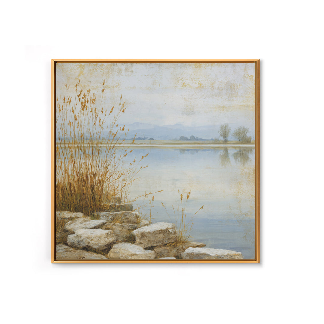 Serene Lake with Pale Morning Reflection Framed Canvas Print, Master Bedroom, Boho Decor, Bedroom Decor, Fine Art, Sanctuary, MAS-1x1-79