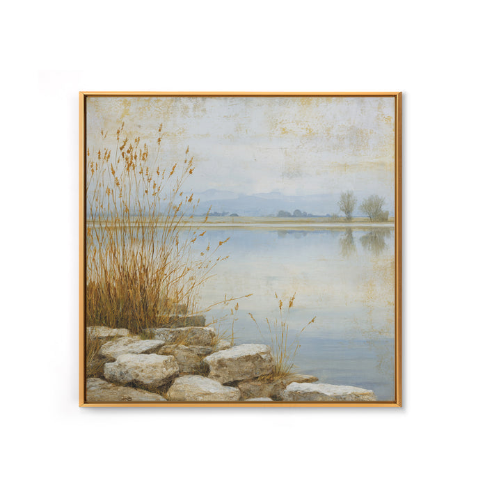 Serene Lake with Pale Morning Reflection Framed Canvas Print, Master Bedroom, Boho Decor, Bedroom Decor, Fine Art, Sanctuary, MAS-1x1-79
