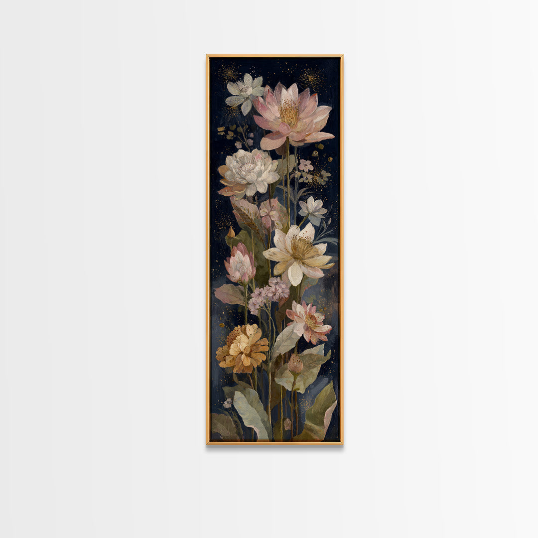 Night Garden with Pale Flowers and Stars Canvas Print, Master Bedroom, Minimalist Wall Art, Bedroom Decor, Fine Art, Sanctuary, MAS-1x3-11