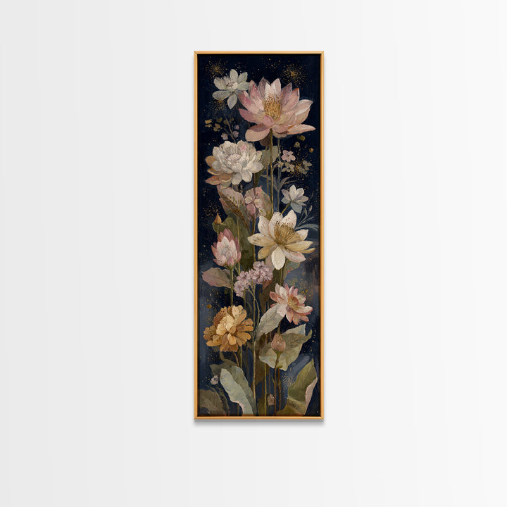 Night Garden with Pale Flowers and Stars Canvas Print, Master Bedroom, Minimalist Wall Art, Bedroom Decor, Fine Art, Sanctuary, MAS-1x3-11