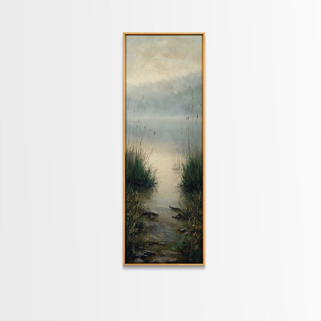 Serene Lake with Pale Morning Reflection Framed Canvas Print, Master Bedroom, Bedroom Wall Art, Bedroom Decor, Oil Painting, MAS-1x3-19