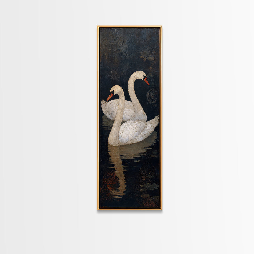 Romantic Swan Pair on Dark Water Framed Canvas Print, Master Bedroom, Wall Decal, Bedroom Decor, Watercolor Art, Sanctuary, MAS-1x3-3
