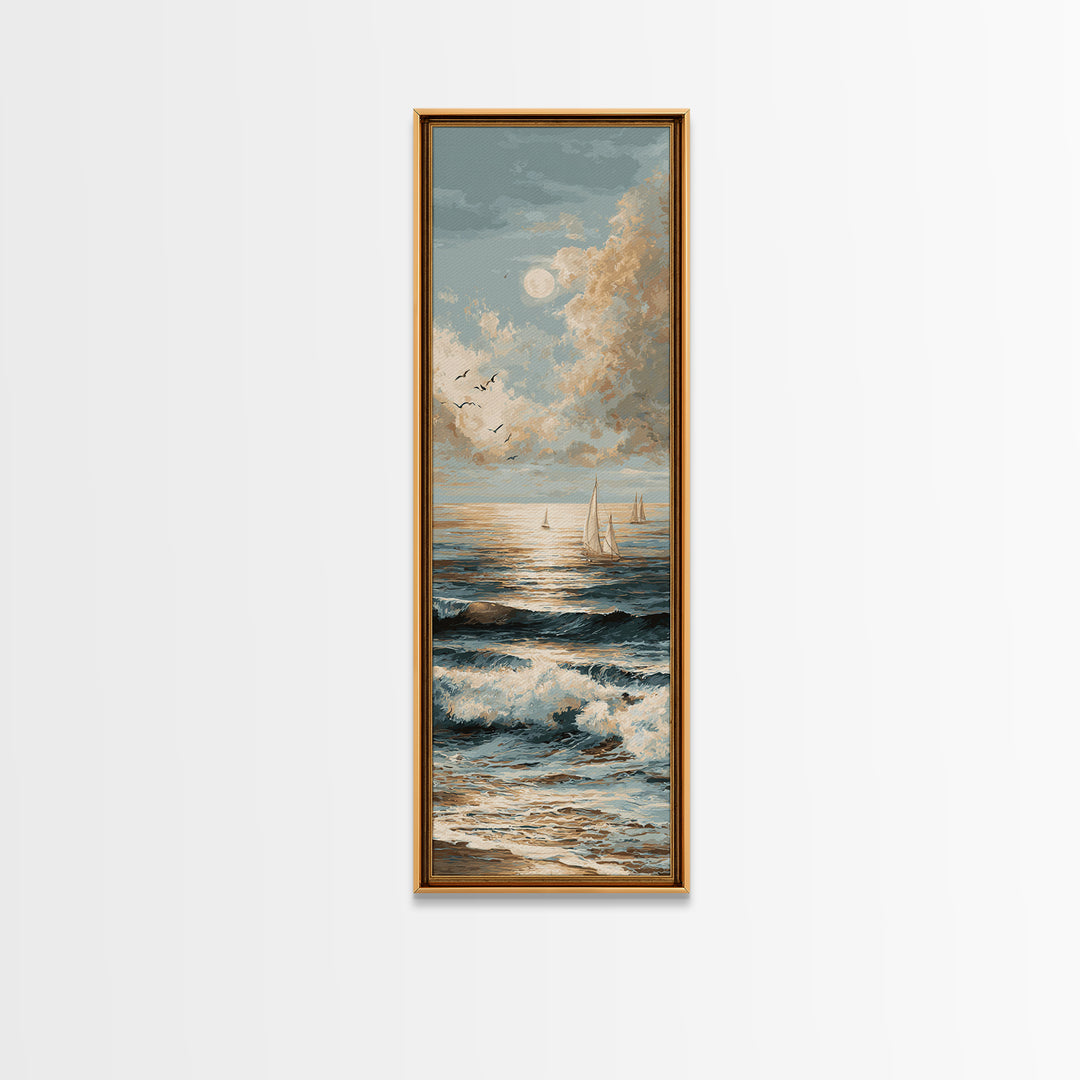 Elegant Moonlit Ocean Horizon Canvas Print, Master Bedroom, Minimalist Decor, Bedroom Decor, Oil Painting, Sanctuary, MAS-1x3-37