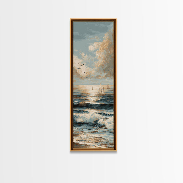 Elegant Moonlit Ocean Horizon Canvas Print, Master Bedroom, Minimalist Decor, Bedroom Decor, Oil Painting, Sanctuary, MAS-1x3-37