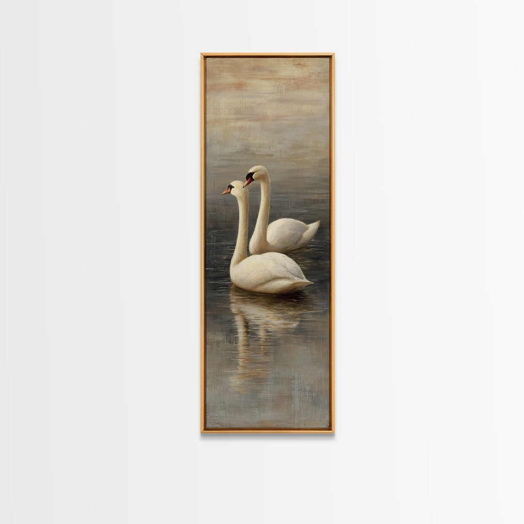 Romantic Swan Pair on Dark Water Framed Canvas Print, Master Bedroom, Neutral Decor, Bedroom Decor, Fine Art, Sanctuary, MAS-1x3-75