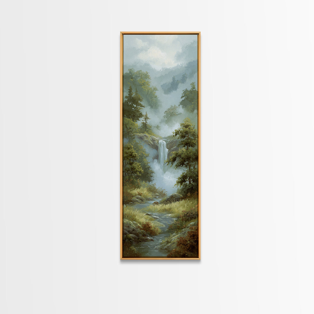 Peaceful Waterfall in Misty Green Forest Canvas Print, Master Bedroom, Above Bed Wall Decor, Bedroom Decor, Sanctuary, MAS-1x3-79