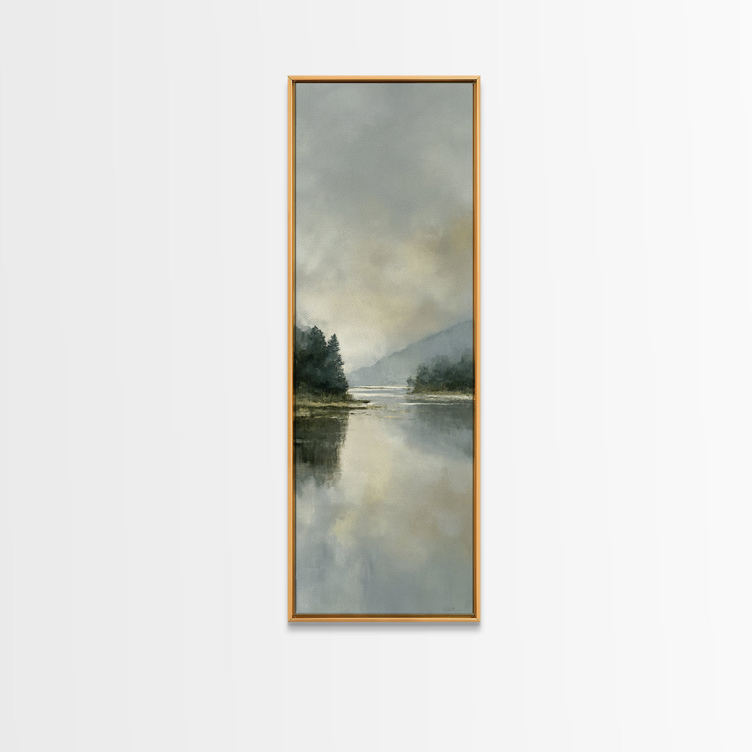 Serene Lake with Pale Morning Reflection Framed Canvas Print, Master Bedroom, Boho Decor, Bedroom Decor, Fine Art, Sanctuary, MAS-1x3-91