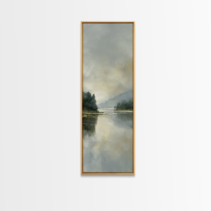 Serene Lake with Pale Morning Reflection Framed Canvas Print, Master Bedroom, Boho Decor, Bedroom Decor, Fine Art, Sanctuary, MAS-1x3-91