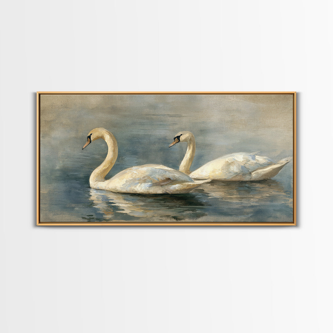 Romantic Swan Pair on Dark Water Framed Canvas Print, Master Bedroom, Living Room Prints, Bedroom Decor, Fine Art, Sanctuary, MAS-2x1-11