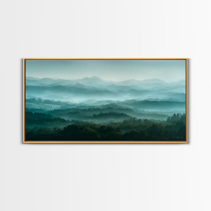 Calm Misty Forest Panorama Framed Canvas Print, Master Bedroom, Minimalist Decor, Bedroom Decor, Oil Painting, Sanctuary, MAS-2x1-24