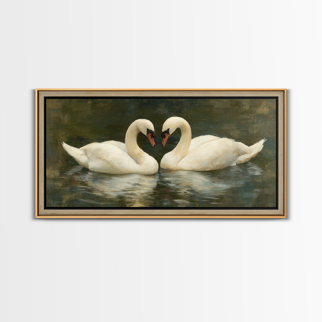 Romantic Swan Pair on Dark Water Framed Canvas Print, Master Bedroom, Wall Art, Bedroom Decor, Oil Painting, Sanctuary, MAS-2x1-35