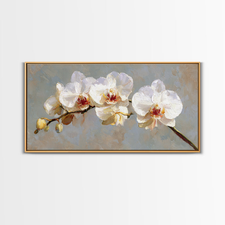 White Orchids Against Warm Gray Background Canvas Print, Master Bedroom, Farmhouse Wall Decor, Bedroom Decor, Oil Painting, MAS-2x1-53