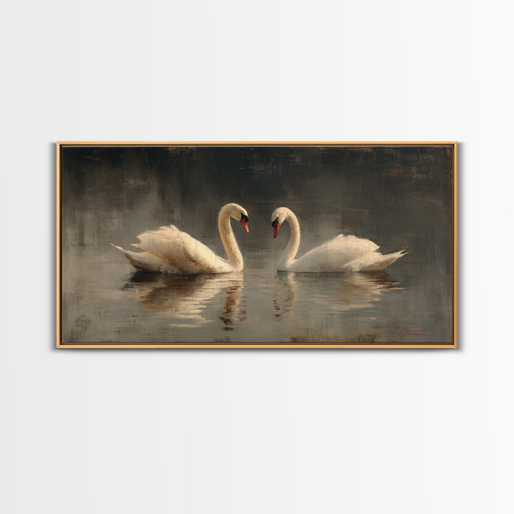 Romantic Swan Pair on Dark Water Framed Canvas Print, Master Bedroom, Bedroom, Bedroom Decor, Watercolor Art, Sanctuary, MAS-2x1-59