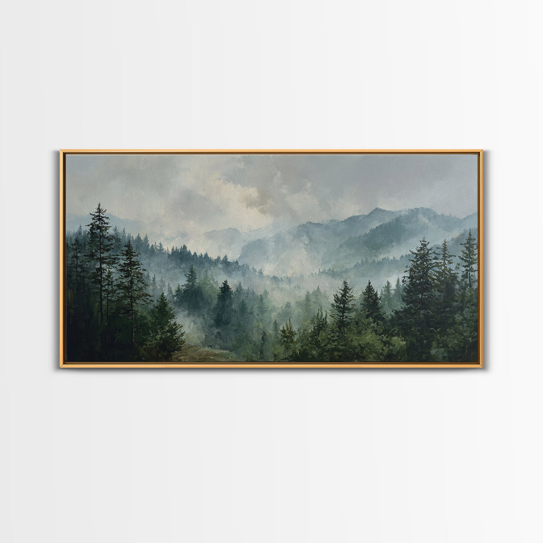 Calm Misty Forest Panorama Framed Canvas Print, Master Bedroom, Printable Art, Bedroom Decor, Sanctuary, Wall Art Bedroom, MAS-2x1-72