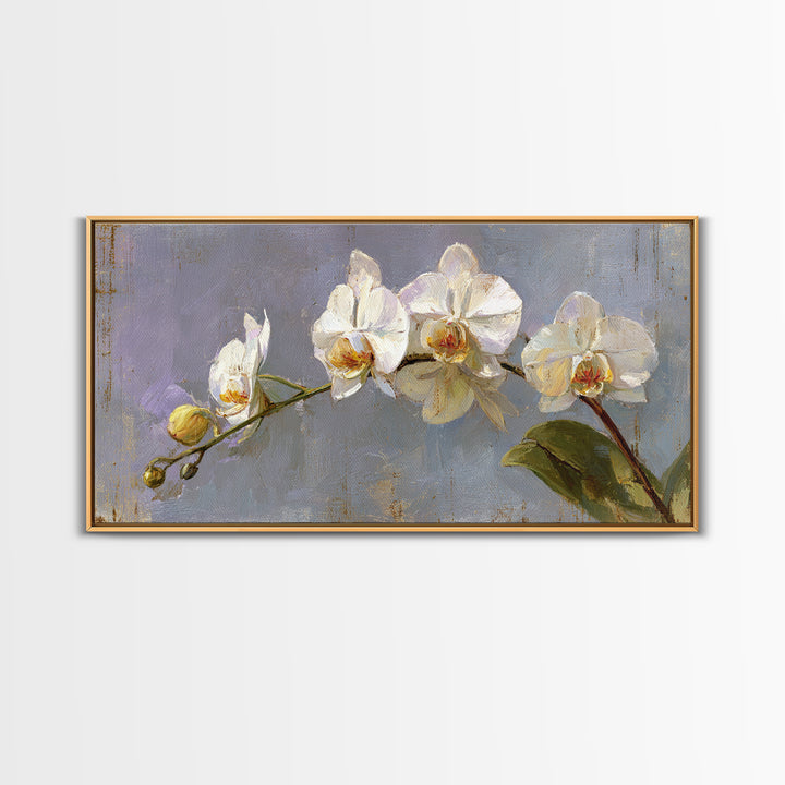 White Orchids Against Warm Gray Background Canvas Print, Master Bedroom, Farmhouse Wall Decor, Bedroom Decor, Oil Painting, MAS-2x1-77