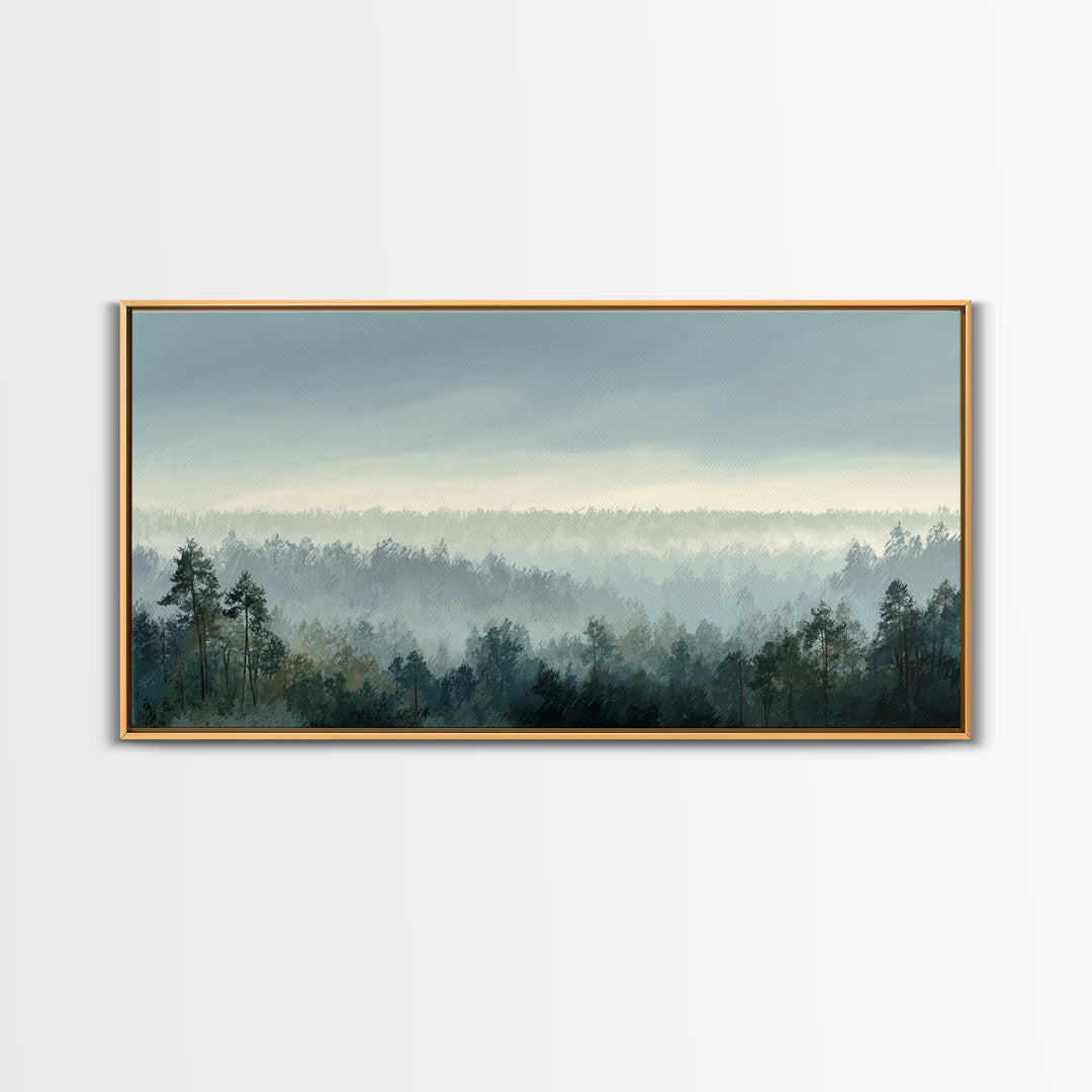 Calm Misty Forest Panorama Framed Canvas Print, Master Bedroom, Wall Decor Bedroom, Bedroom Decor, Fine Art, Sanctuary, MAS-2x1-96