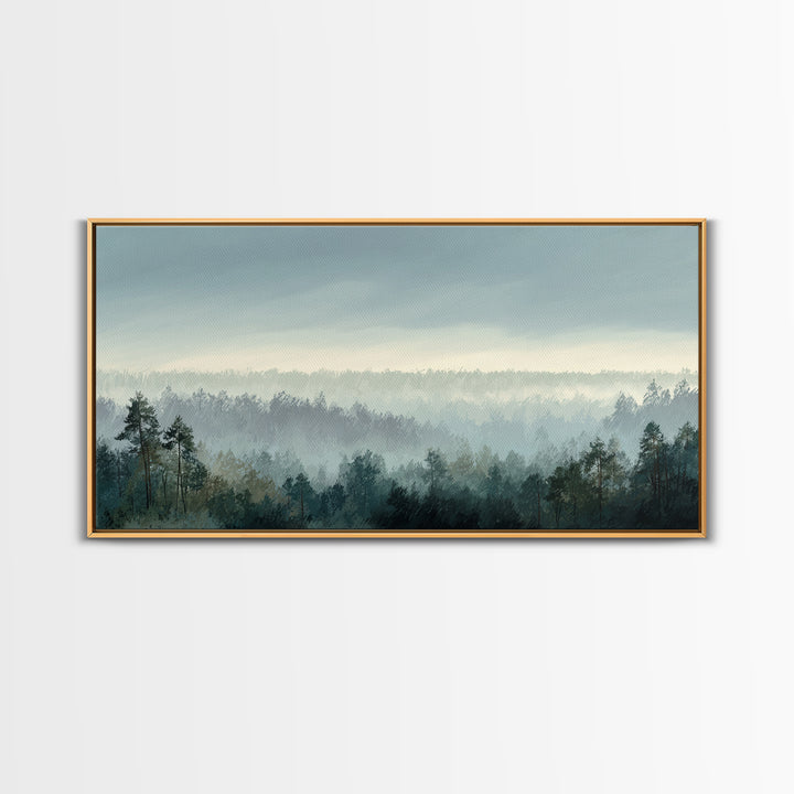 Calm Misty Forest Panorama Framed Canvas Print, Master Bedroom, Wall Decor Bedroom, Bedroom Decor, Fine Art, Sanctuary, MAS-2x1-96