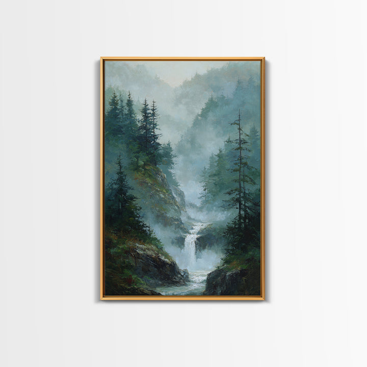Peaceful Waterfall in Misty Green Forest Framed Canvas Print, Master Bedroom, Room Decor, Bedroom Decor, Fine Art, Sanctuary, MAS-2x3-3