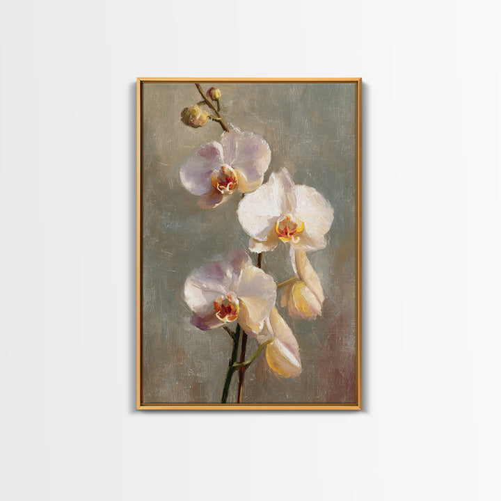 White Orchids Against Warm Gray Background Framed Canvas Print, Master Bedroom, Canvas Print, Bedroom Decor, Abstract Art, MAS-2x3-41