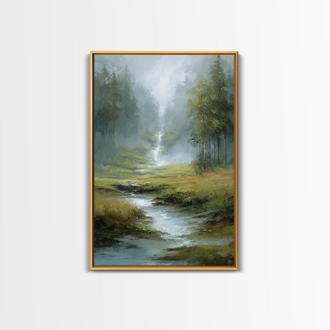 Peaceful Waterfall in Misty Green Forest Framed Canvas Print, Master Bedroom, Wedding Decor, Bedroom Decor, Fine Art, Sanctuary, MAS-2x3-51