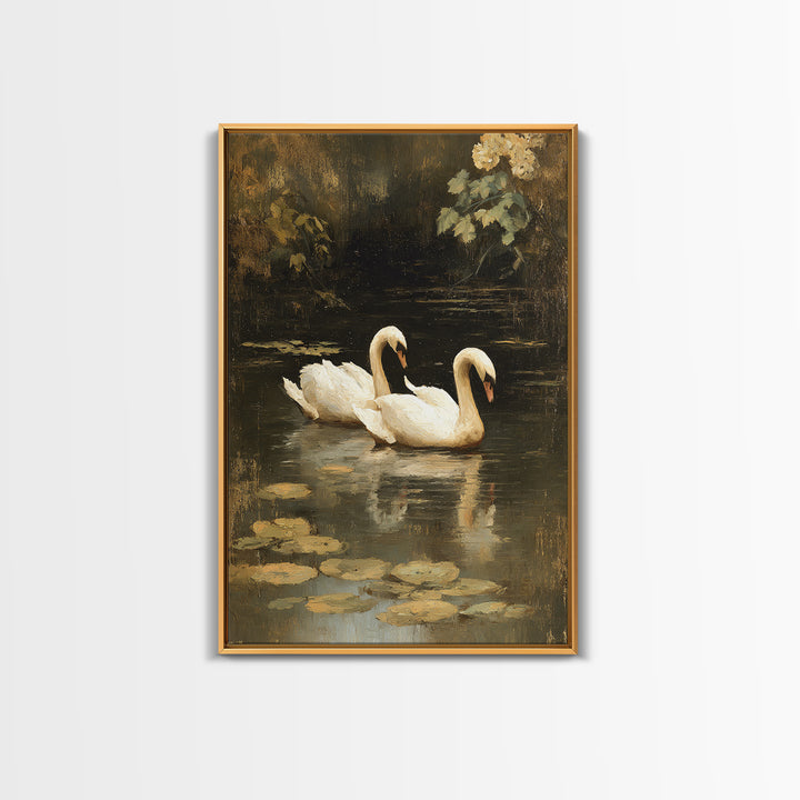 Romantic Swan Pair on Dark Water Canvas Print, Master Bedroom, Over Bed Wall Art, Bedroom Decor, Oil Painting, Sanctuary, MAS-2x3-95