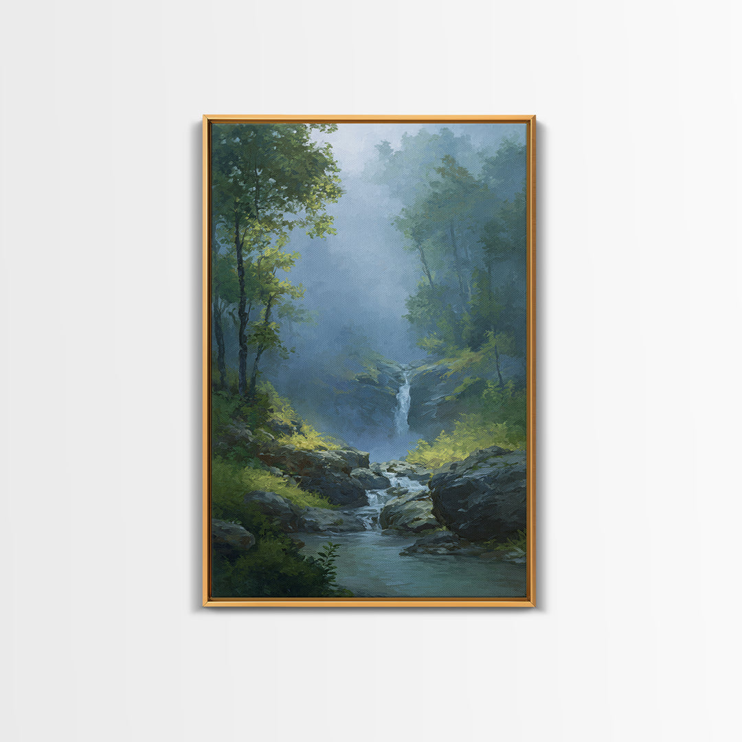 Peaceful Waterfall in Misty Green Forest Canvas Print, Master Bedroom, Above Bed Wall Art, Bedroom Decor, Fine Art, Sanctuary, MAS-2x3-99