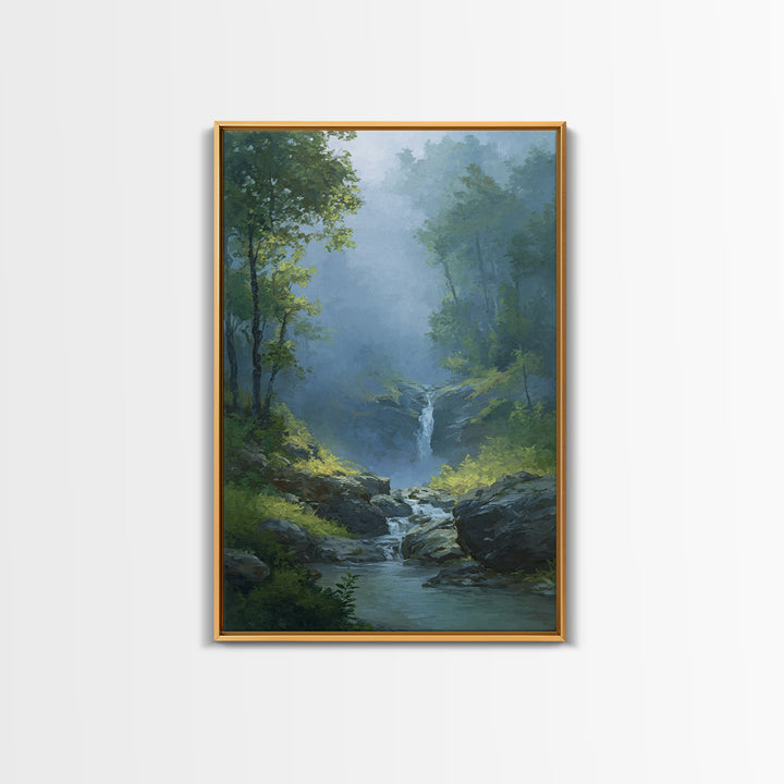 Peaceful Waterfall in Misty Green Forest Canvas Print, Master Bedroom, Above Bed Wall Art, Bedroom Decor, Fine Art, Sanctuary, MAS-2x3-99